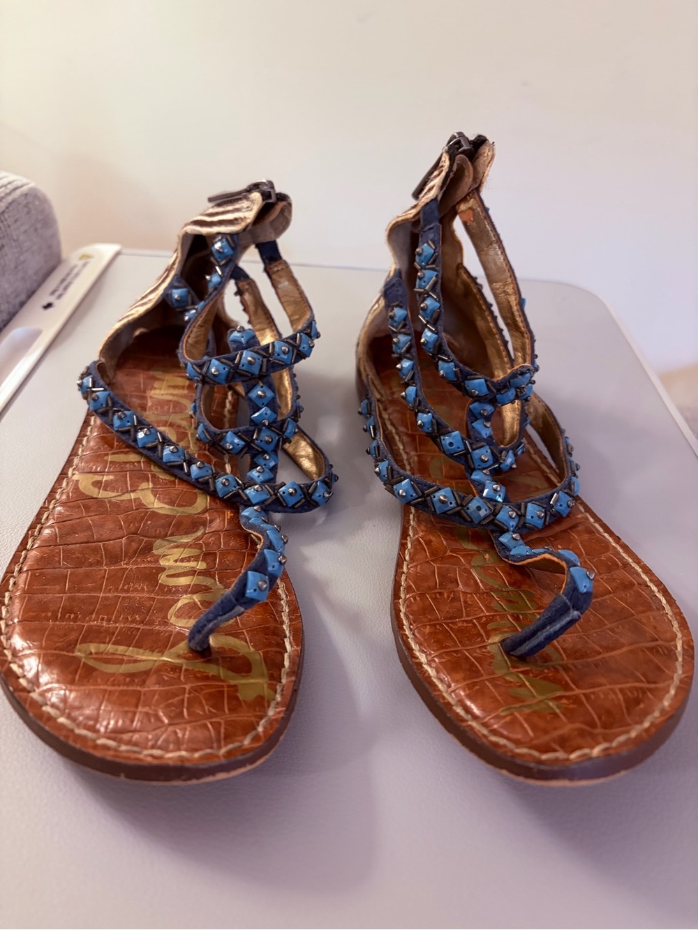 Blue Embellished Beaded Sandals - Women
